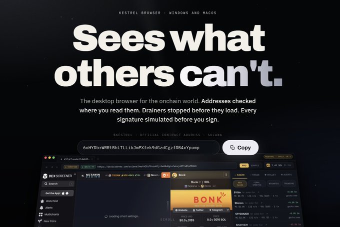 An advertisement for Kestrel Browser with the text 'Sees what others can't.', describing it as 'The desktop browser for the onchain world' with screenshots of DEX interfaces.