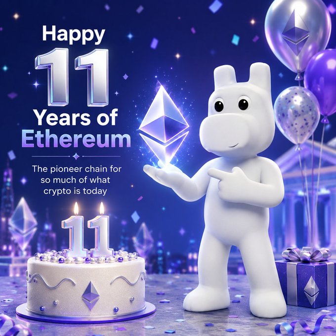 A celebratory graphic reading 'Happy 11 Years of Ethereum - The pioneer chain for so much of what crypto is today' featuring a white cartoon character holding an Ethereum logo crystal next to a birthday cake with '11' candles.