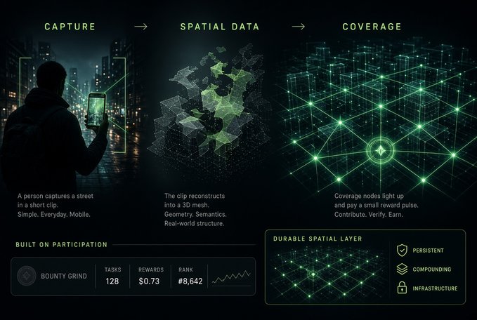 A dark-themed infographic illustrates a three-step system labeled 'CAPTURE,' 'SPATIAL DATA,' and 'COVERAGE,' showing a person filming a street that becomes a 3D mesh and then glowing network nodes, with a dashboard showing 'BOUNTY GRIND' stats like 'TASKS 128', 'REWARDS $0.73', and 'RANK #8,642.'
