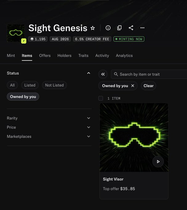 An OpenSea collection page for 'Sight Genesis' showing a digital 'Sight Visor' item owned by the user, with a top offer of $35.85.