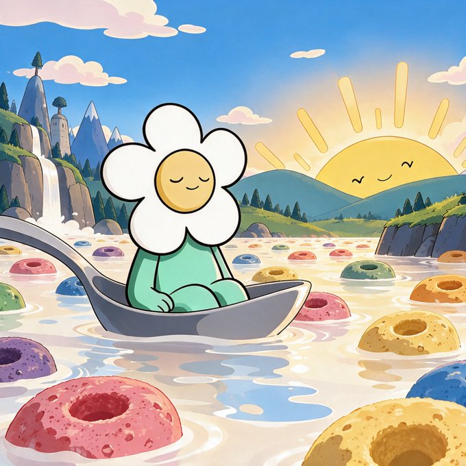 A colorful cartoon illustration showing a flower-headed character sitting in a canoe, floating in a surreal lake filled with colorful sponges, set against a landscape with mountains, a waterfall, and a smiling sun.