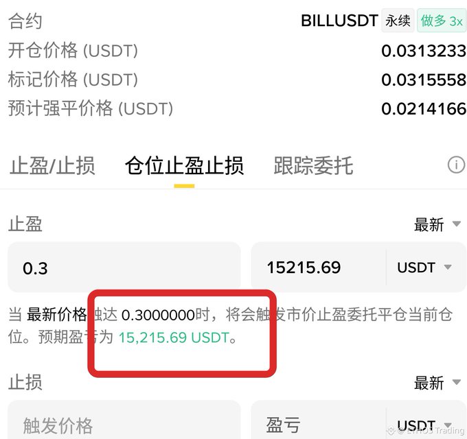 Chinese-language cryptocurrency trading interface for BILLUSDT perpetual contract showing position details, with a take-profit trigger of 0.3 resulting in an expected profit of 15,215.69 USDT.