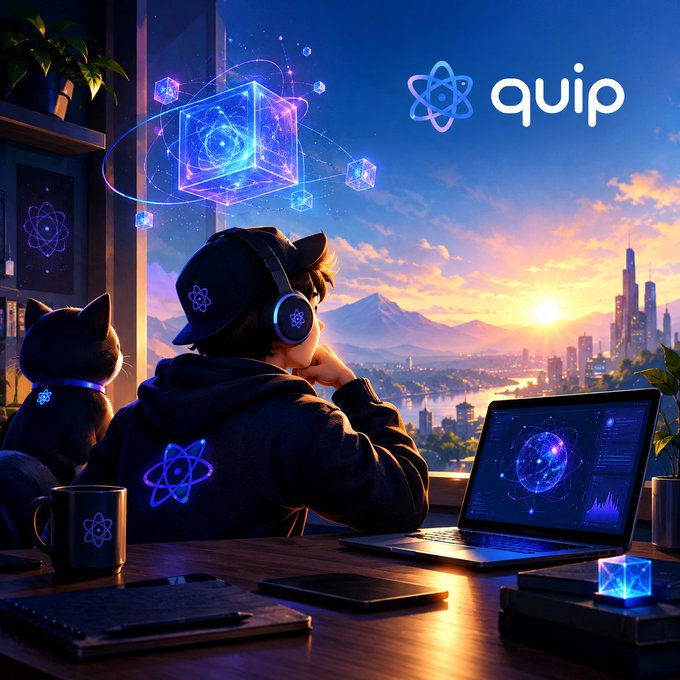 An anime-style illustration of a young person wearing a hoodie and headphones, sitting at a desk with a cat, using a laptop displaying atomic-themed graphics, with the word 'quip' in the corner.