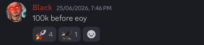A Discord message from user "Black" posted on 25/06/2026 at 7:46 PM reads "100k before eoy" with 4 rocket and 1 eagle emojis. The post accompanies a question asking "Es esto posible? $BTC" (Is this possible? $BTC), suggesting the user is asking whether Bitcoin can reach $100,000 before the end of the year, referencing the optimistic price prediction shown in the image.