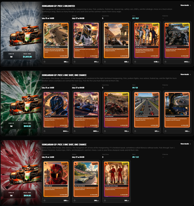 The image displays three "Hungarian GP" prediction event tiers from Upshot Cards—Pick 5 Unlimited ($1,825.00 prize pool), Pick 5 One Shot One Chance ($630.00), and Pick 3 One Shot One Chance ($630.00)—each showing race-specific lineup slots (Series, Series, Card Slots, Decks) with completion percentages for the July 25–27, 14:00 event. It visually corresponds to the post by showcasing the user's completed riskier lineup entries for the upcoming Hungarian Grand Prix, with real Top 1 potential at stake across the multi-tier Upshot Cards competition.