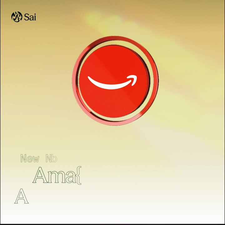 The image features a red button with an arrow pointing upwards, which is part of a larger image that includes text about Amazon (AMZN) being live on Sai.100x leverage. The caption reads "Amazon (AMZN) is now live on Sai. 100x leverage, settled in USDC, powered by the SLP Vault".