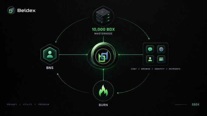 An infographic for 'Beldex' explaining its ecosystem, with a central hub connecting 'MASTERNODE' (10,000 BDX), 'BNS', 'BURN', and 'CHAT / BROWSE / IDENTITY / PAYMENTS'.