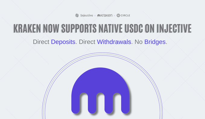A promotional graphic announces 'KRAKEN NOW SUPPORTS NATIVE USDC ON INJECTIVE' with the text 'Direct Deposits. Direct Withdrawals. No Bridges.' above a purple Kraken logo.