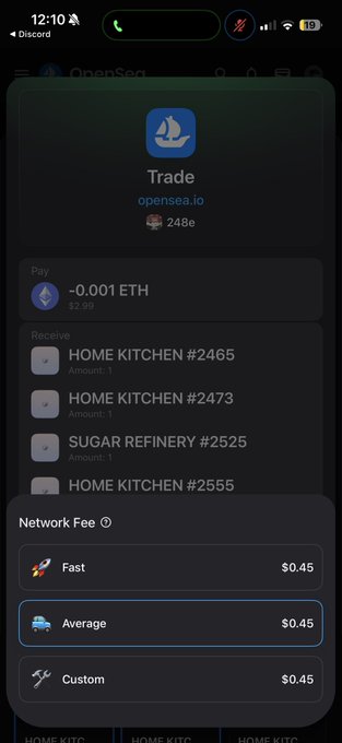 The image shows a mobile OpenSea trade interface where a user is purchasing multiple NFTs (HOME KITCHEN #2465, #2473, #2555, and SUGAR REFINERY #2525) for -0.001 ETH with an "Average" network fee of $0.45 selected. Ironically, despite the post celebrating Robinhood as a new ETH alternative, the screenshot reveals that Ethereum-based NFT trading on OpenSea remains accessible for fractions of a penny in ETH, undermining the claim that a Robinhood stock could serve as a viable substitute.
