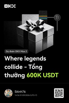 OKX promotional poster showing a black gift box with bow, advertising 'Where legends collide – Tổng thưởng 600K USDT' and predicting OKX Mua 2, posted by Sitinh76.