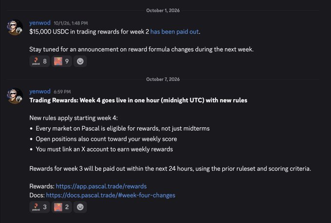 Discord messages from user 'yenwod' dated October 1 and 7, 2026, announcing $15,000 USDC in trading rewards paid out for week 2 and detailing new rules for Pascal trading rewards in week 4.
