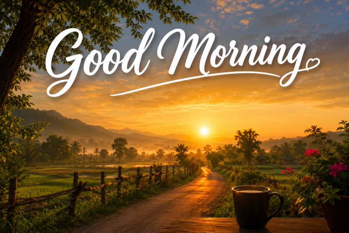 The image features a beautiful sunrise over a field with trees, mountains, and a road leading into the distance. A cup of coffee sits on top of a table near the center of the photo, suggesting that someone has just enjoyed their morning beverage while admiring the stunning view. The text "Good Morning" is written in white above the image, reinforcing the theme of a new day filled with possibilities and opportunities for growth.