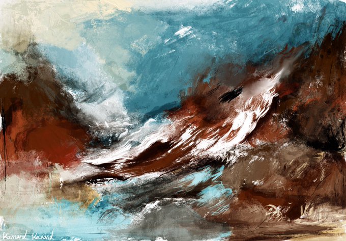 An abstract painting features swirling brushstrokes of teal, white, brown, and rust colors, with the signature "Ramona MacDonald" visible in the bottom left corner.