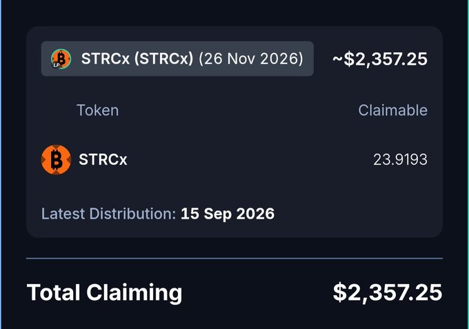 A dark-themed digital interface showing a claimable token balance for 'STRCx (STRCx) (26 Nov 2026)' valued at ~$2,357.25, with 23.9193 STRCx claimable and a Total Claiming amount of $2,357.25.