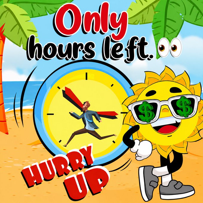 A cartoon sun wearing dollar-sign sunglasses points to a clock showing a running businessman, with bold text reading "Only hours left" and "HURRY UP" — visually conveying the time-sensitive urgency of the @summertokensol presale referenced in the post, emphasizing the limited window before its 42% price increase at launch.