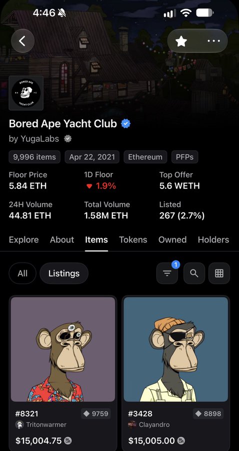 A mobile screenshot of the "Bored Ape Yacht Club" NFT collection on OpenSea, showing a floor price of 5.84 ETH, 24H volume of 44.81 ETH, and listing items like #8321 Tritonwarmer and #3428 Clayandro.