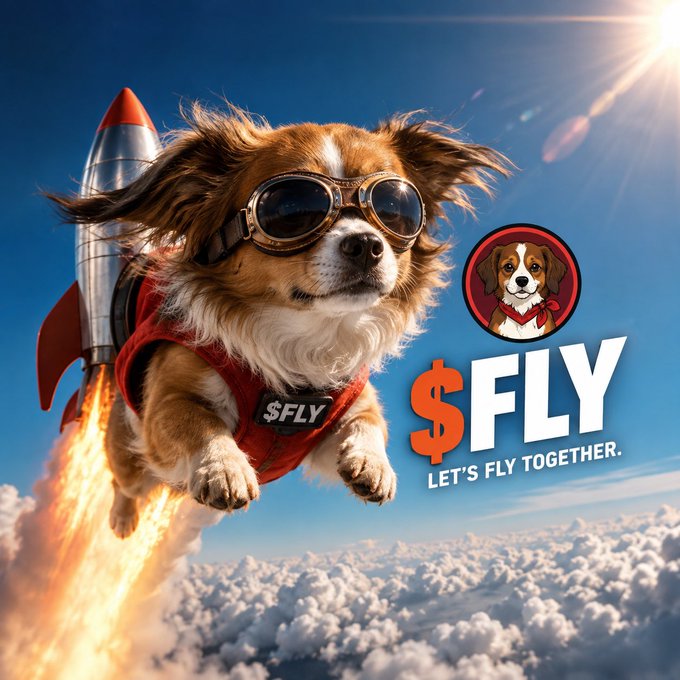 A promotional-style image for '$FLY' cryptocurrency featuring a small dog wearing aviator goggles flying with a rocket strapped to its back, with text 'LET'S FLY TOGETHER.'