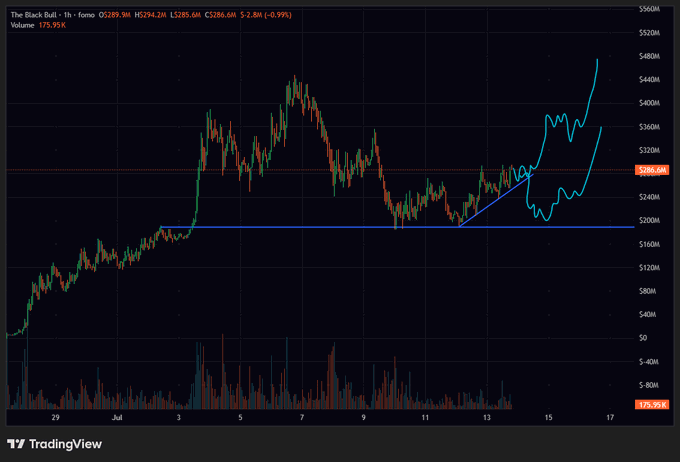 The image is a TradingView 1-hour candlestick chart for "The Black Bull" (ticker appears to be on Solana) showing a price of $289.5M with recent highs near $480M, highlighting a strong uptrend with a horizontal support line around $200M. The post references the bullish chart pattern, encouraging accumulation in anticipation of a breakout—aligning with the visible ascending trendline and support level on the chart.