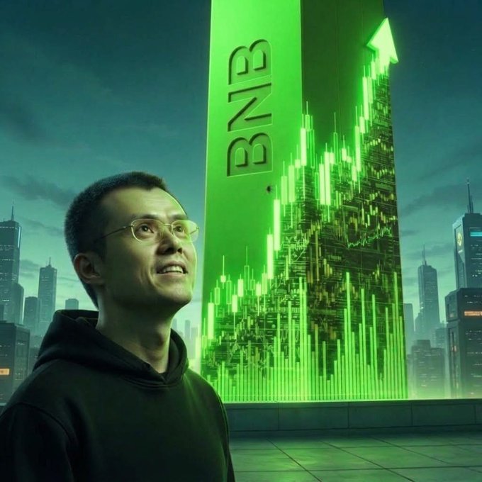 A stylized image of a smiling young man with glasses standing in a futuristic cityscape with a large glowing green 'BNB' monument displaying an upward stock chart trend behind him.