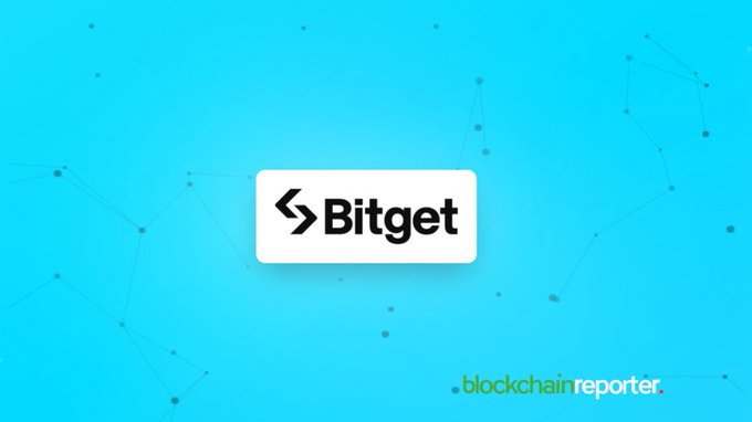 A Bitget logo displayed on a white card against a turquoise blue background with network-style dot patterns, branded with blockchainreporter.