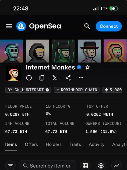 A screenshot of the OpenSea app displaying the 'Internet Monkes' NFT collection on Robinhood Chain, showing a floor price of 0.0297 ETH.