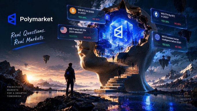 A promotional graphic for Polymarket with the tagline 'Real Questions. Real Markets.', featuring floating panels of various prediction markets like 'Will BTC hit 500K in 2025?' and 'Will Trump win the 2024 election?'.