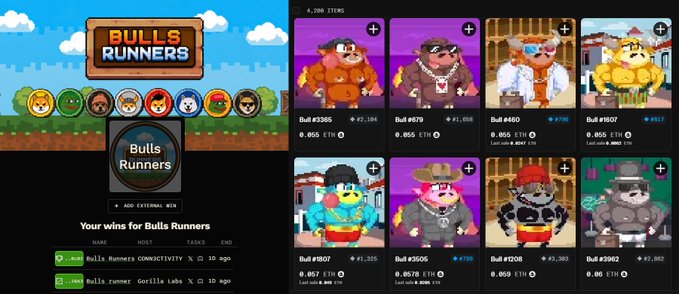 The image showcases the "Bulls Runners" NFT collection, displaying a grid of pixelated bull characters with various traits and pricing in ETH (e.g., Bull #3365 at 0.055 ETH, Bull #907 at 0.055 ETH, Bull #1807 at 0.055 ETH), alongside Bulls Runners connectivity badges and listings. This aligns with the post's mention of a free mint to 0.057 ETH (~$100) and the BR4ted alpha regarding Uniswap team involvement, highlighting the early-stage investment opportunity in the Bulls Runners NFT project.