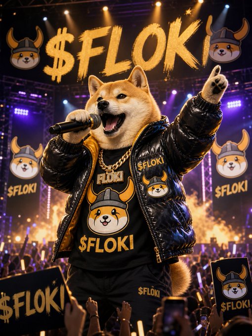 AI-generated promotional artwork for the $FLOKI cryptocurrency featuring a Shiba Inu dog character dressed in a black puffer jacket and $FLOKI branded t-shirt, holding a microphone on a concert stage with cheering fans and viking-helmet Shiba mascots.