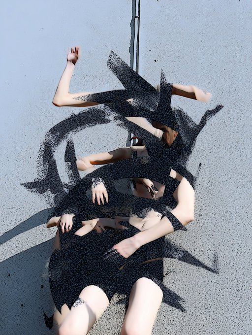 A surreal digital artwork depicting fragmented female body parts and limbs layered with abstract black spray paint textures.