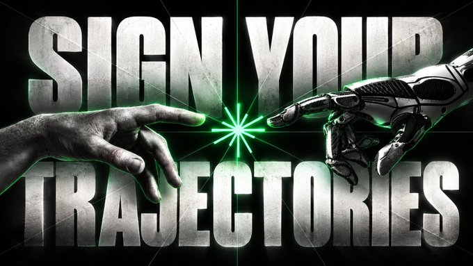 A graphic titled 'SIGN VOID TRAJECTORIES' showing a human hand and a robotic hand reaching toward each other, echoing Michelangelo's Creation of Adam, with a green starburst between them.