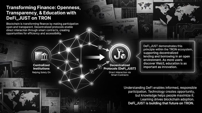 An infographic titled 'Transforming Finance: Openness, Transparency, & Education with DeFi_JUST on TRON' showing the transition from centralized institutions to decentralized protocols via smart contracts.