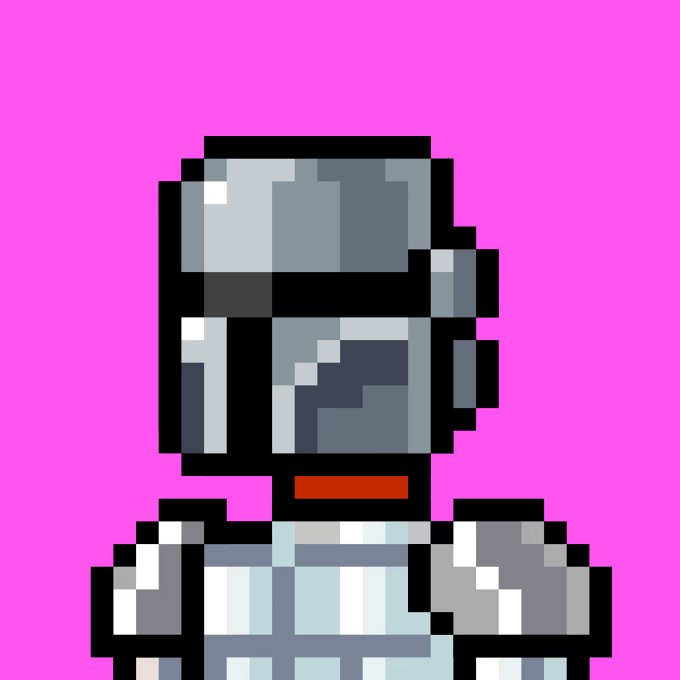 A pixel art image of an astronaut or character wearing a space helmet and suit against a bright pink background.