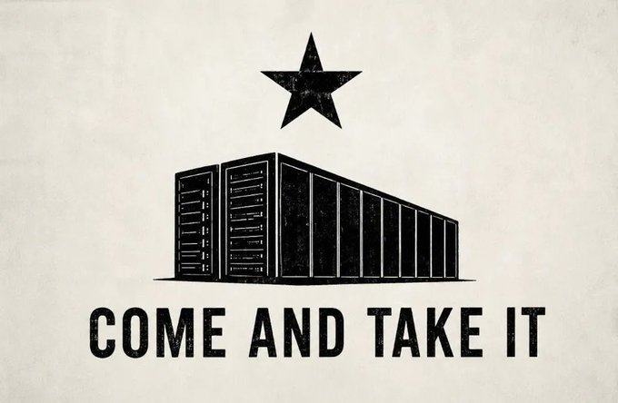 A black and white graphic featuring a star above a server rack, with the bold text 'COME AND TAKE IT' below.