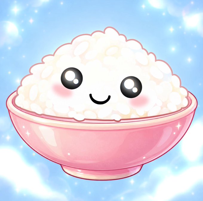 A kawaii-style illustration of a smiling bowl of white rice with big sparkly eyes and pink blush, set against a dreamy sky-blue background with clouds and stars — a cute, appetizing visual that matches the playful, hype energy of the caption rallying fans to engage with GIWA.