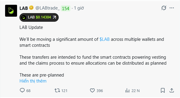 A tweet from @LABtrade__154 (LAB) with token price $0.14304, announcing a significant transfer of $LAB across multiple wallets and smart contracts for vesting and claim processes.