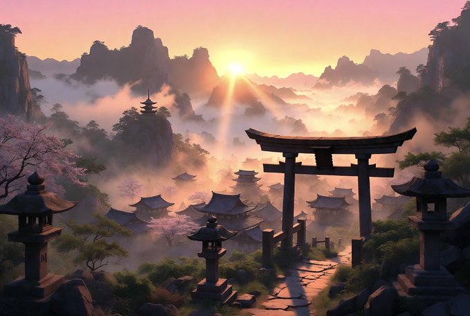 The image features a beautiful scene of a traditional Japanese torii gate surrounded by a lush garden with cherry blossom trees. The sun is setting over the mountains, casting a warm glow that illuminates the entire scene. In the background, there are several pagodas and other buildings, adding to the charm of the landscape. The image also contains text about blockchain projects being hacked or compromised, which seems unrelated to the main subject matter but could be an interesting addition for those who appreciate unique juxtapositions in art.