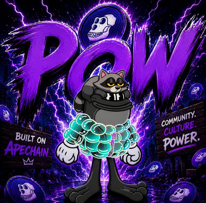 The image features a cartoon raccoon standing next to a sign that says "POW" written in purple letters, surrounded by blue and purple bubbles. The background of the image has purple lightning bolts and a city skyline with buildings. The caption at the bottom of the image reads "POW IS BUILT DIFFERENT The energy is growing. The community is locked in. And the pond keeps getting stronger every day Built on ApeChain. Powered by the fam. Driven by momentum. If you know... you know #POW".