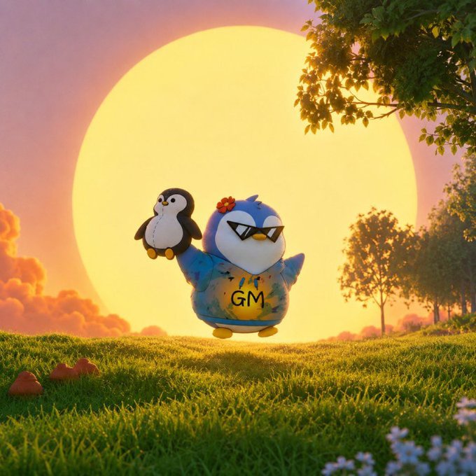 A 3D-rendered blue penguin wearing sunglasses and a patterned sweater with 'GM' on it, holding up a small stuffed penguin while floating above a grassy field against a large yellow sun.