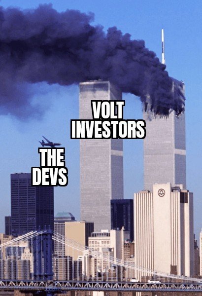 The 9/11 'Falling Man' meme with the Towers labeled 'THE DEVS' and the plane labeled 'VOLT INVESTORS', referencing the collapsing World Trade Center towers.