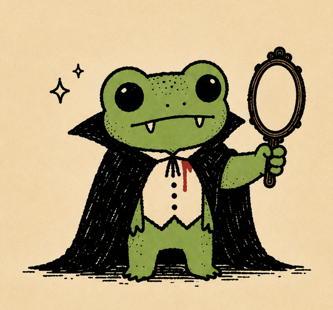 A cartoon drawing of a green frog dressed in a vampire costume with a black cape and white shirt holds up a hand mirror.