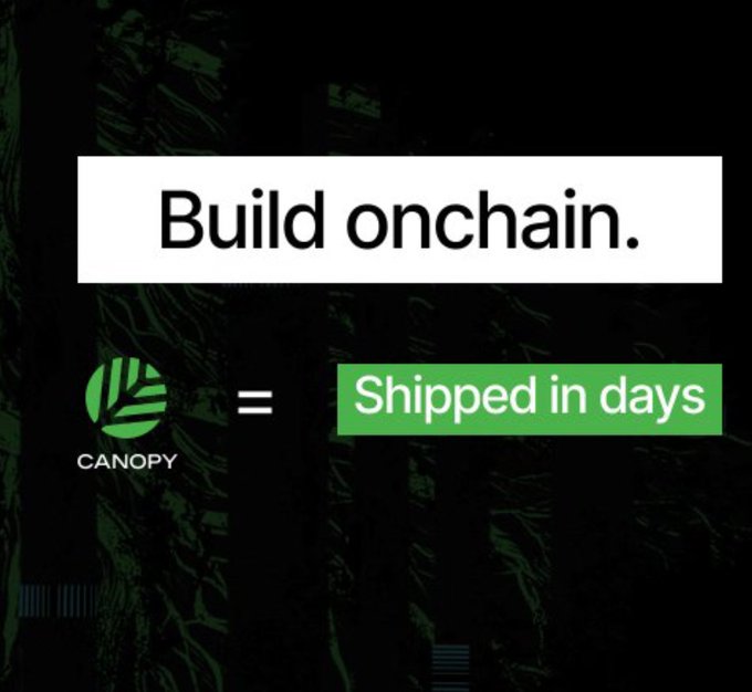 A promotional graphic for Canopy with the headline "Build onchain. CANOPY = Shipped in days" set against a dark green abstract background, visually reinforcing the post's message about Canopy Network's streamlined, AI-assisted platform that lets developers launch sovereign L1 appchains quickly with minimal code.