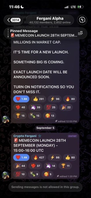 A Telegram screenshot of a group called 'Fergani Alpha' with 40,132 members, showing pinned messages about an upcoming 'MEMECOIN LAUNCH 28TH SEPTEM' with millions in market cap.