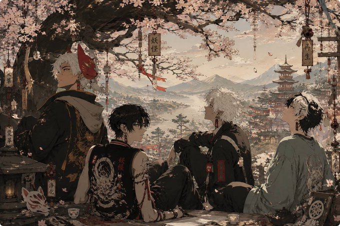 An anime-style illustration depicting four characters in traditional Japanese attire sitting beneath a cherry blossom tree, overlooking a distant landscape with mountains, a pagoda, and lanterns bearing Japanese text.