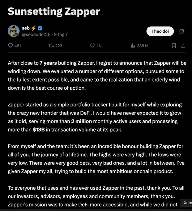 A Twitter/X post by user @sebaudet26 titled 'Sunsetting Zapper' announcing the wind-down of the Zapper DeFi platform after 7 years, mentioning 2 million monthly active users and $13B in transaction volume.