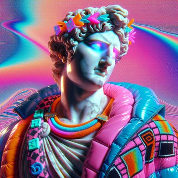 A vibrant digital art illustration of a classical Greek/Roman statue bust wearing a modern colorful puffer jacket, leopard print accents, and star-shaped sunglasses against a neon pink and blue background.