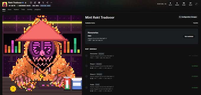 A screenshot of a Bitcoin Ordinals page for 'Rekt Tradooor' displaying NFT mint schedule phases and a pixel-art character with a pink hat and skull mask.