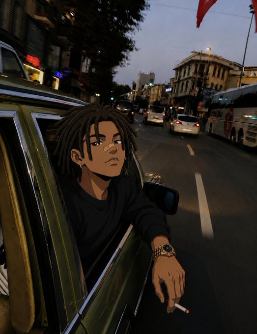 Anime-style illustration of a person with dreadlocks leaning out of a car window holding a cigarette, set against an evening city street scene with a Turkish flag.