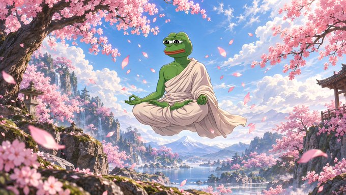 Pepe the Frog depicted in a meditative lotus pose, floating in a scenic landscape with cherry blossoms and mountains.