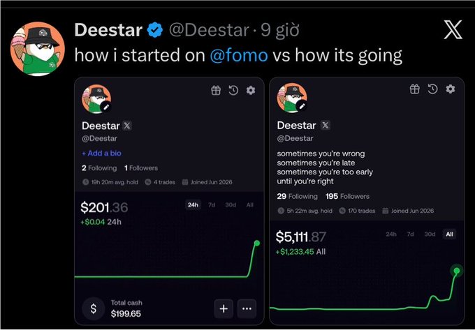 A tweet by Deestar showing before-and-after screenshots of his @fomo profile, with starting portfolio value of $201.36 and growing to $5,111.87, captioned 'how i started on @fomo vs how its going'.