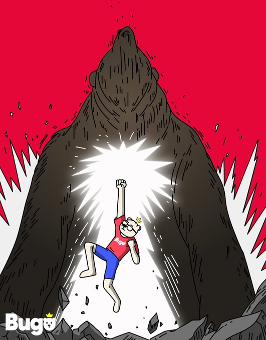 The image features a cartoon illustration of a man wearing a red shirt, standing next to a large brown bear with its head raised high above his shoulders. The bear appears to be emitting a bright light from its mouth or nose, creating an intense atmosphere in the scene. The caption at the bottom of the image reads "Bugafish.com".